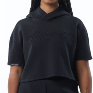 Alphalete ELMTS Half Sleeve Hoodie Size M Black Callout Embroidered Cropped EUC
